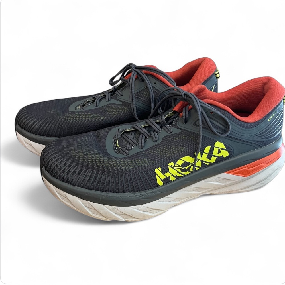 Hoka One One Bondi-7 Sneakers Mens 12.5 Grey Mesh Lace Up Running Shoes 1110518